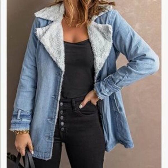 NEW Denim Fur Lined Lapel Coat - Picture 2 of 11
